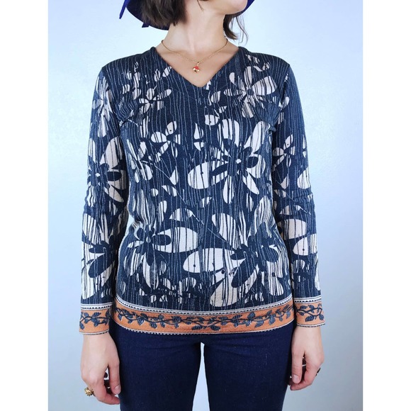 vintage 60s Dusty Blue FLOWER POWER Psychedelic Knit crazy daisy nylon jumper - Picture 5 of 10